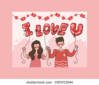 Valentine's day card, couple hodign I love you balloon blooming in there hands- cute greeting for the celebration of love and romance