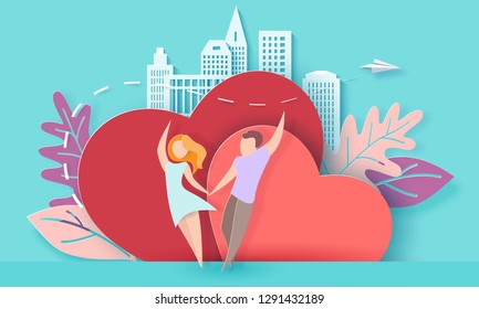 Valentines day card with couple holding hands in love and running on red hearts background with modern sity and paper plane. Vector paper art illustration. Paper cut and craft style.