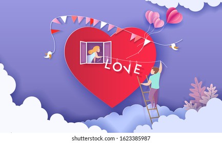 Valentines day card with couple holding word love on red heart. Vector paper art illustration. Paper cut and craft style.