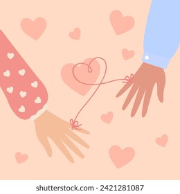 Valentine's day card with couple holding hands with red thread of fate binding them as love concept. Vector illustration isolated on white background
