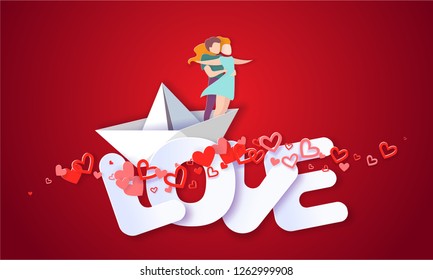 Valentines day card with couple hugging in love on paper boat on big letters LOVE. Vector paper art illustration. Paper cut and craft style.