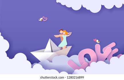 Valentines day card with couple hugging in love on paper boat in the sky with clouds. Vector paper art illustration. Paper cut and craft style.
