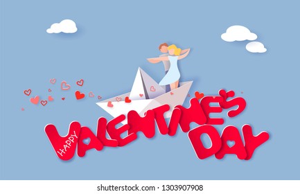 Valentine's day card with couple hugging in love on paper boat over big red letters in the sky with clouds. Vector paper art illustration. Paper cut and craft style.