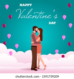 Valentine's Day card with couple kiss and hug on pink clouds. Love concept of man and woman. Vector illustration for poster, flyer, social media post, brochure, postcard, banner on a romantic holiday.