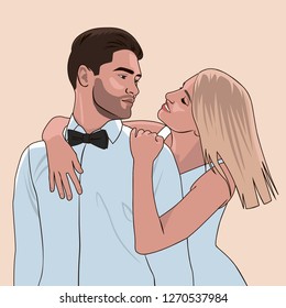 Valentine's day card with couple in love on the beige background. Man and woman love each other. Bride and groom. Man and woman embracing each other affectionately.