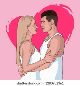 Valentine's day card with couple in love on the background of a pink heart. Man and woman love each other. Honeymoon. Man and woman look at each other and embracing each other affectionately.
