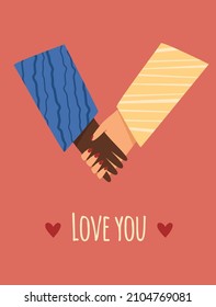 Valentine's day card couple in love hold hands vector illustration in a flat style. Relations between people of different nationalities. A guy and a girl in love