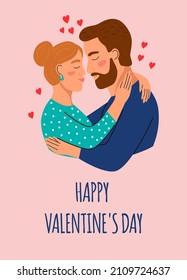 A Valentine's day card. A couple in love hugs. Flat vector illustration