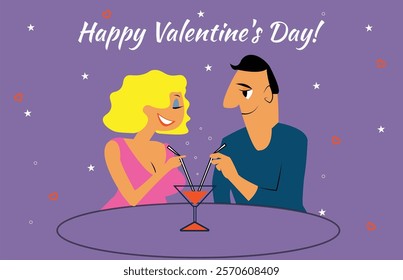 Valentine's Day card, couple in love, man and woman, hearts, happy valentine's day, cocktail, night club