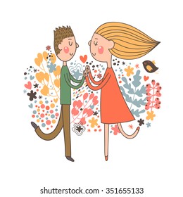 Valentine'S Day card with couple in love with floral ornament. Vector illustration.
