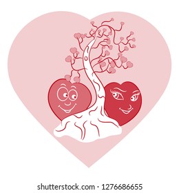 Valentines day card with a couple of lovers hearts. Valentine tree with heart shaped leaves.