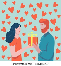 Valentine's day card. A couple of lovers give each other gifts. A man with a red beard and a woman with dark hair. Flat vector illustration.