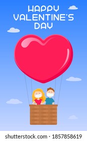 Valentines Day card. Couple in masks flying in heart shaped hot air balloon. Vector illustration.