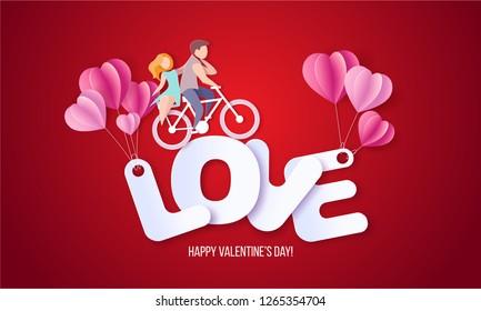 Valentines day card with couple riding bicycle on big letters LOVE with air balloons. Vector paper art illustration. Paper cut and craft style.