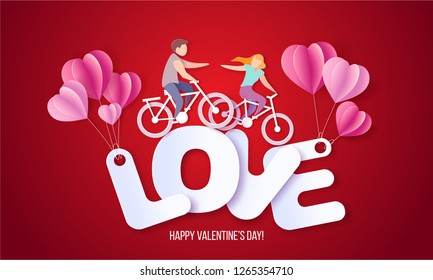 Valentines day card with couple riding bicycles on big letters LOVE with air balloons. Vector paper art illustration. Paper cut and craft style.