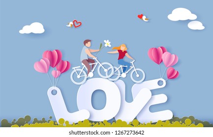 Valentines day card with couple riding bicycles on big letters LOVE with air balloons on blue sky background. Vector paper art illustration. Paper cut and craft style.