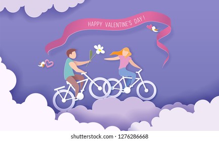 Valentines day card with couple riding bicycles over clouds on purple sky background. Vector paper art illustration. Paper cut and craft style.