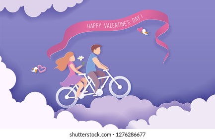 Valentines day card with couple riding bicycle over clouds on purple sky background. Vector paper art illustration. Paper cut and craft style.