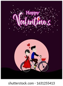 Valentines day card with couple riding bicycle under the moon and stars