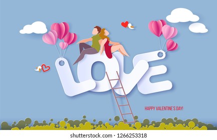 Valentines day card with couple sitting on big letters LOVE on blue sky background. Vector paper art illustration. Paper cut style.