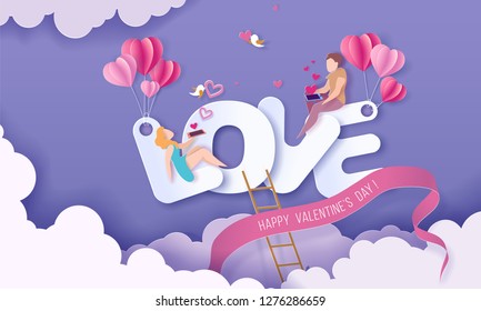 Valentines day card with couple sitting on big letters LOVE and sending red hearts with their smartphones on purple sky background. Vector paper art illustration. Paper cut and craft style.