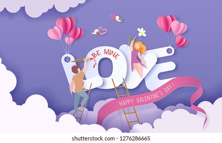 Valentines day card with couple sitting on big letters LOVE with air balloons and painting on purple sky background. Vector paper art illustration. Paper cut and craft style.