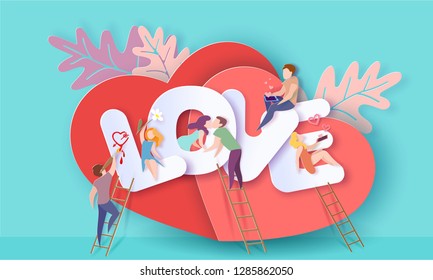 Valentines day card with couple sitting on big letters LOVE and sending red hearts with smartphones, kissing and painting with red heart background. Vector paper art illustration. Paper cut style.