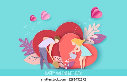 Valentines day card with couple take care of love heart plant with air balloons. Vector paper art illustration. Paper cut and craft style.