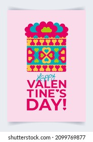 Valentine's day card with creative stylized cake made from hearts. Sweet love background. Flat style, geometric mosaic. Flyer, poster, banner, coupon, invitation, menu cover