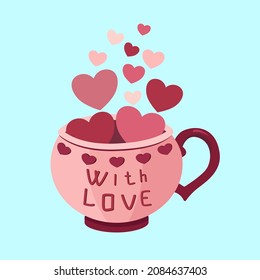 Valentine's day card. A cup of cocoa, coffee with hearts in the form of steam on a blue background. Vector flat illustration for Valentine's Day.