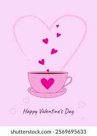 Valentine's Day card, cup of coffee with a heart on a delicate pink background