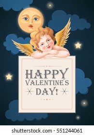 Valentines day card with cupid and moon