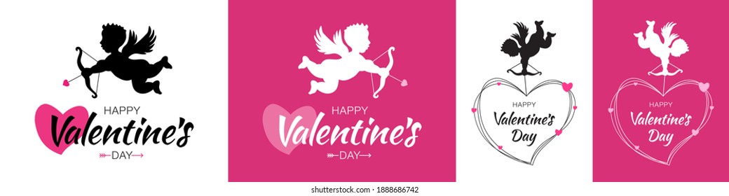Valentines day card. Cupid silhouette with bow and arrow. Flying Angel. Amur symbol of love for Valentine's Day. Wedding invitation card. Valentine  background. Vector illustration.