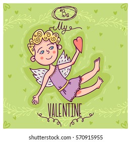 Valentines Day card with cupid. Vector illustration.