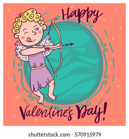 Valentines Day card with cupid. Vector illustration.