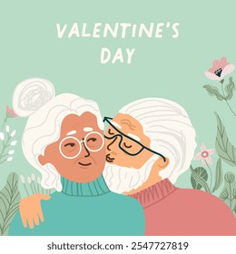 Valentine's Day card. Cute, adorable senior couple in love, romantic scene. Old man kisses his wife old women. Active seniors flat vector characters. Together forever. Hand drawn vector.