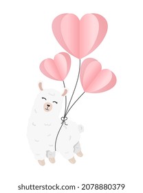 Valentines day card with cute alpaca with air balloons. Paper cut style.