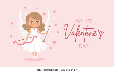 Valentine's day card with cute angel girl, cupid with bow and arrow. Illustration, holiday card