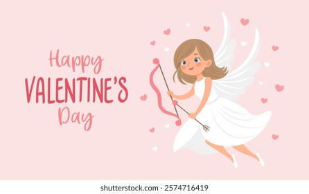 Valentine's day card with cute angel girl, cupid with bow and arrow. Illustration, holiday card