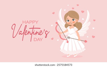 Valentine's day card with cute angel girl, cupid with bow and arrow. Illustration, holiday card