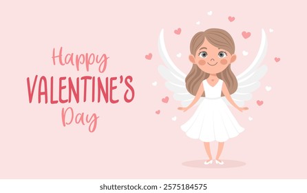 Valentine's day card with cute angel girl, cupid with bow and arrow. Illustration, holiday card