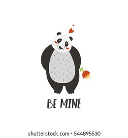 Valentines day card with cute animal and hand drawn letters isolated on white background. Love illustration for design greeting cards, prints, posters. Panda in love, be mine