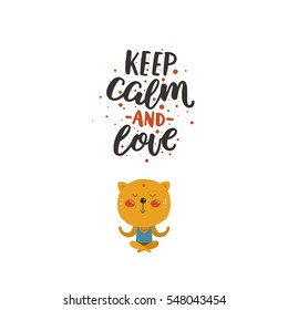 Valentines day card with cute animal and hand drawn letters isolated on white background. Love illustration for design greeting cards, prints, posters. Cat in love