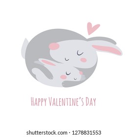 Valentines day card with cute animals. Vector flat style illustration with love and rabbits