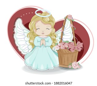 Valentines Day card cute basket with flower roses and blonde girl angel, picture in hand drawing cartoon style for greeting. postcard