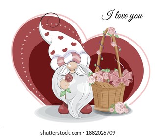 Valentines Day card cute basket with flower roses and gnome, picture in hand drawing cartoon style for greeting. postcard