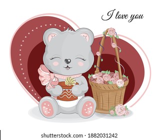 Valentines Day card cute basket with flower roses and Teddy besr, picture in hand drawing cartoon style for greeting. postcard