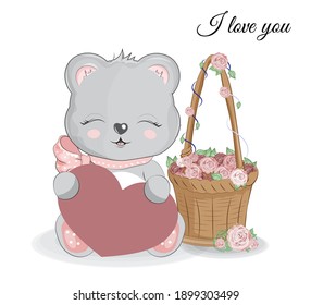 Valentines Day card cute basket with flower roses and Teddy bear, picture in hand drawing cartoon style for greeting. postcard