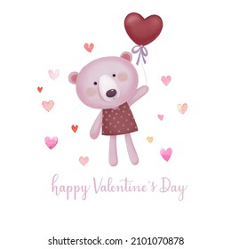 Valentines Day card with cute bear holding red heart shaped balloon.