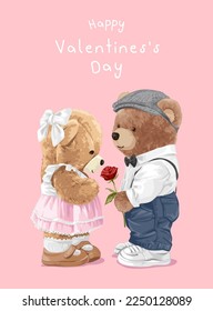 valentine's day card with cute bear doll lovers couple vector illustration